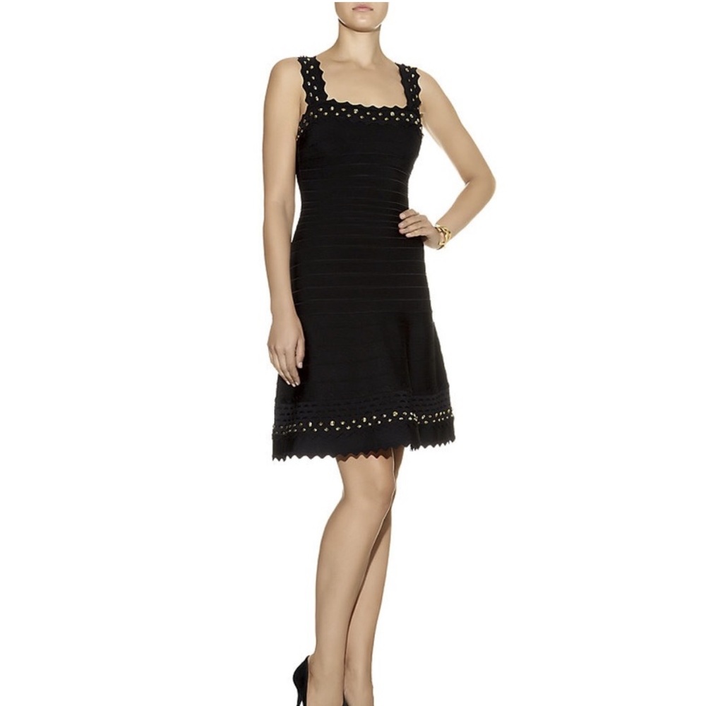 Herve Leger Faith Dress Black Gold Studs size S